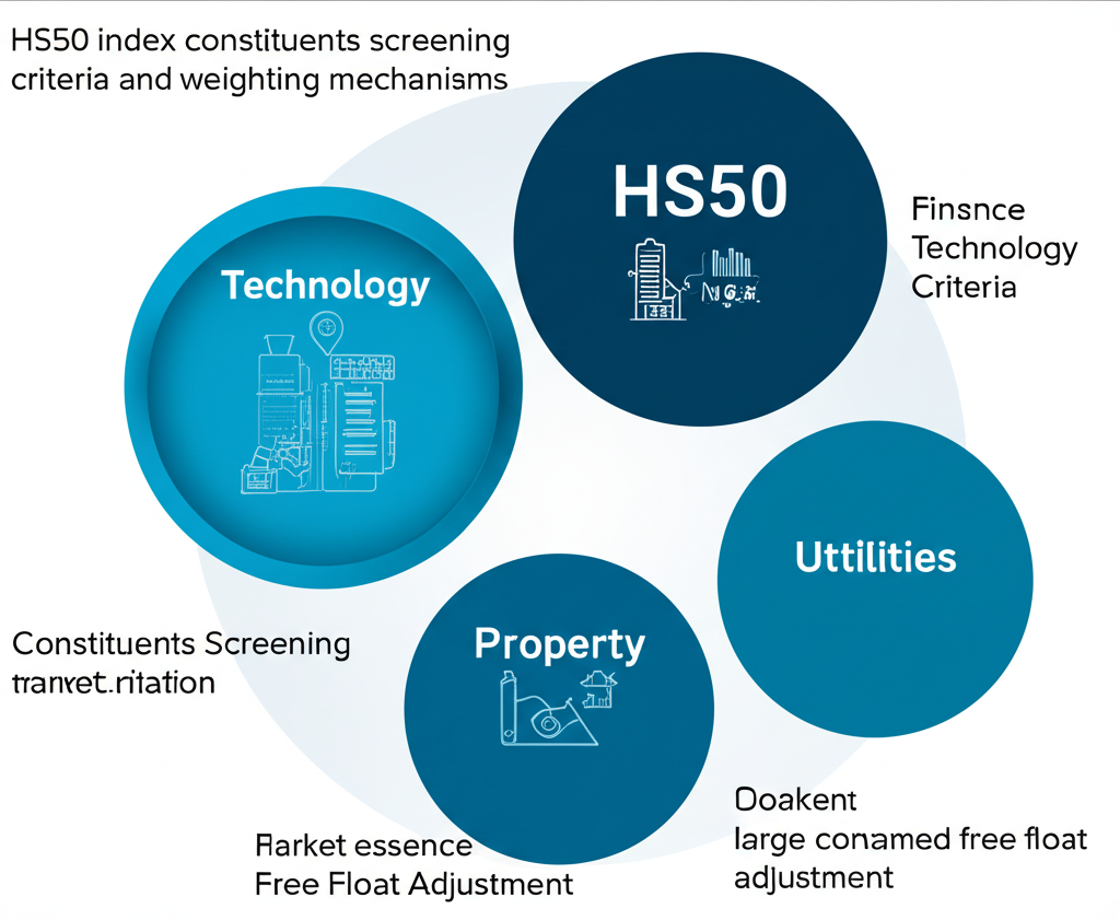 HS50指數成分股篩選標準與權重機制，涵蓋金融、科技、地產與公用事業，圖示大型企業與自由流通調整的市場結構