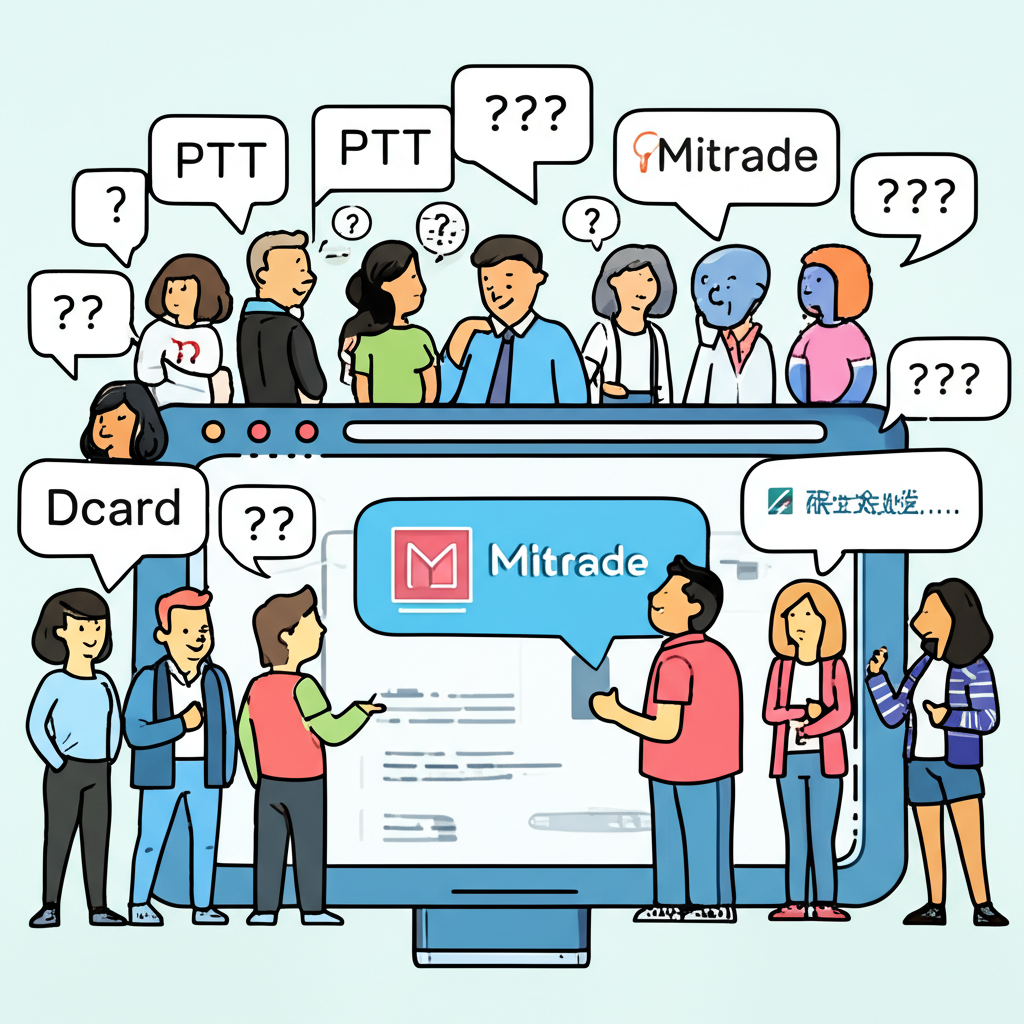 插畫：代表PTT與Dcard使用者的多樣卡通人物圍繞在數位論壇周圍，討論Mitrade的安全性與合法性，頭上充滿問號與對話框