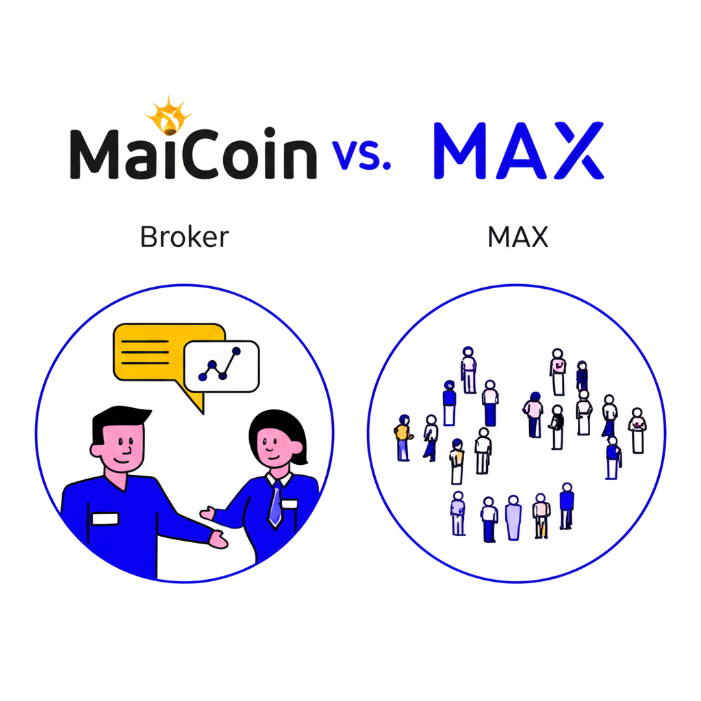 插圖展示 MaiCoin 作為經紀商與用戶直接交易，MAX 則是多人在平台上撮合交易的場景