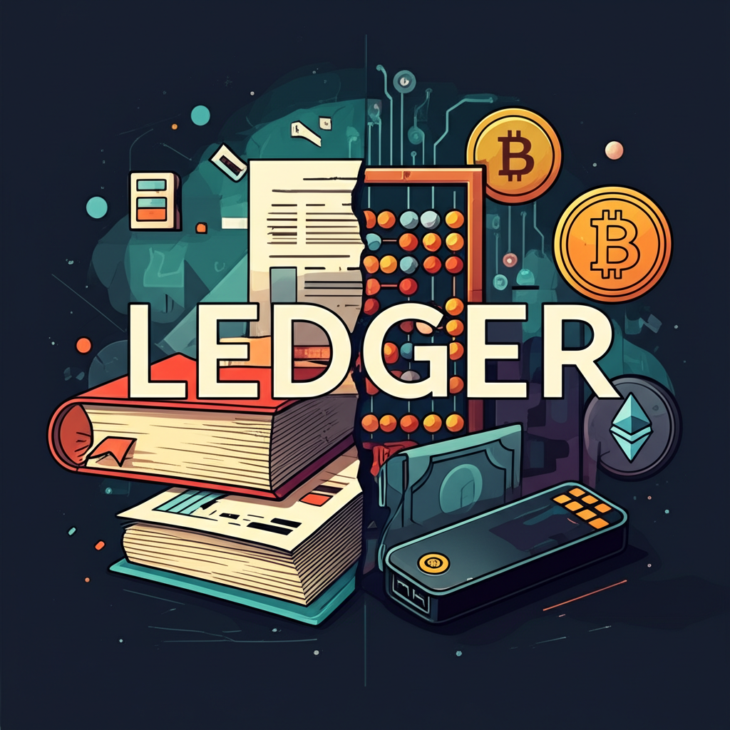 Ledger 中文雙重意涵插圖，左側為傳統會計帳本，右側為加密貨幣硬體錢包與數位資產象徵