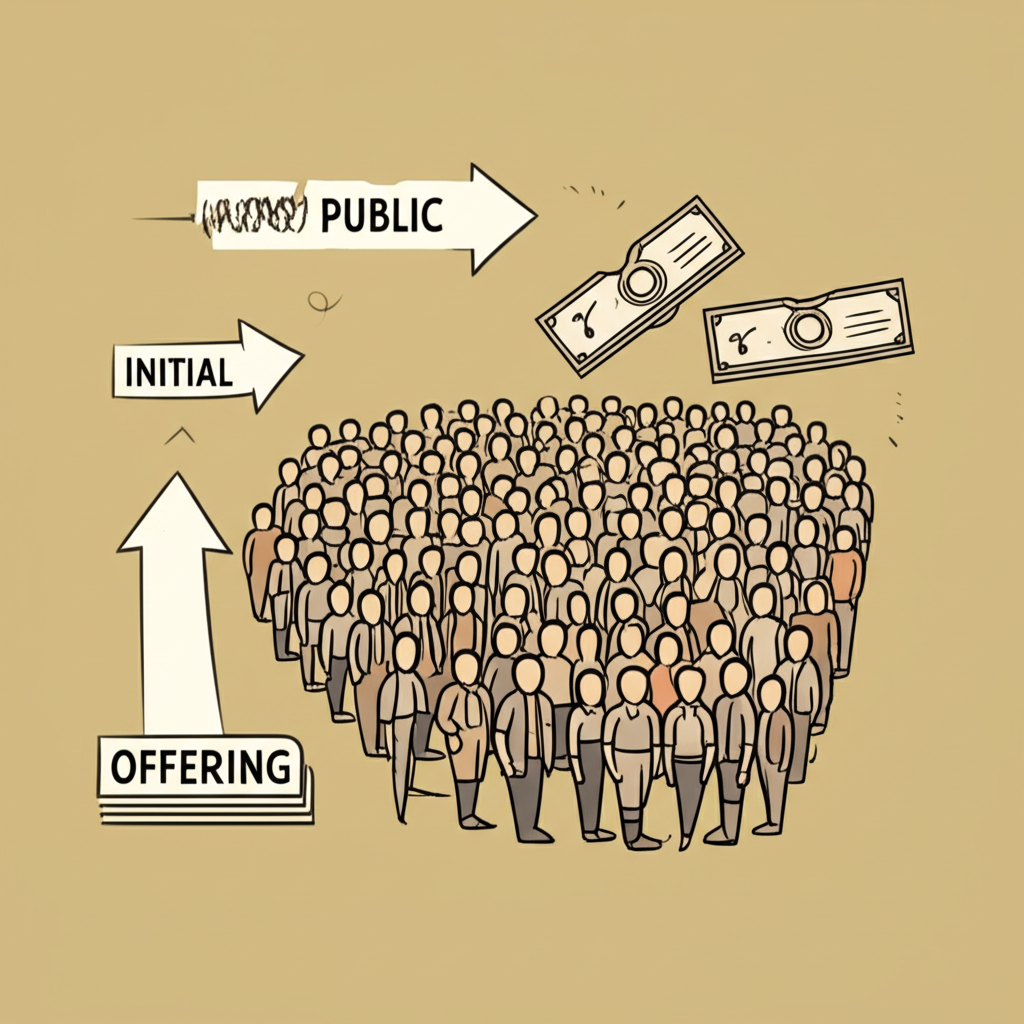 插圖：以概念方式清楚拆解 'Initial'、'Public' 和 'Offering' 三個詞，展示第一步、人群以及發行股份換取資金的畫面