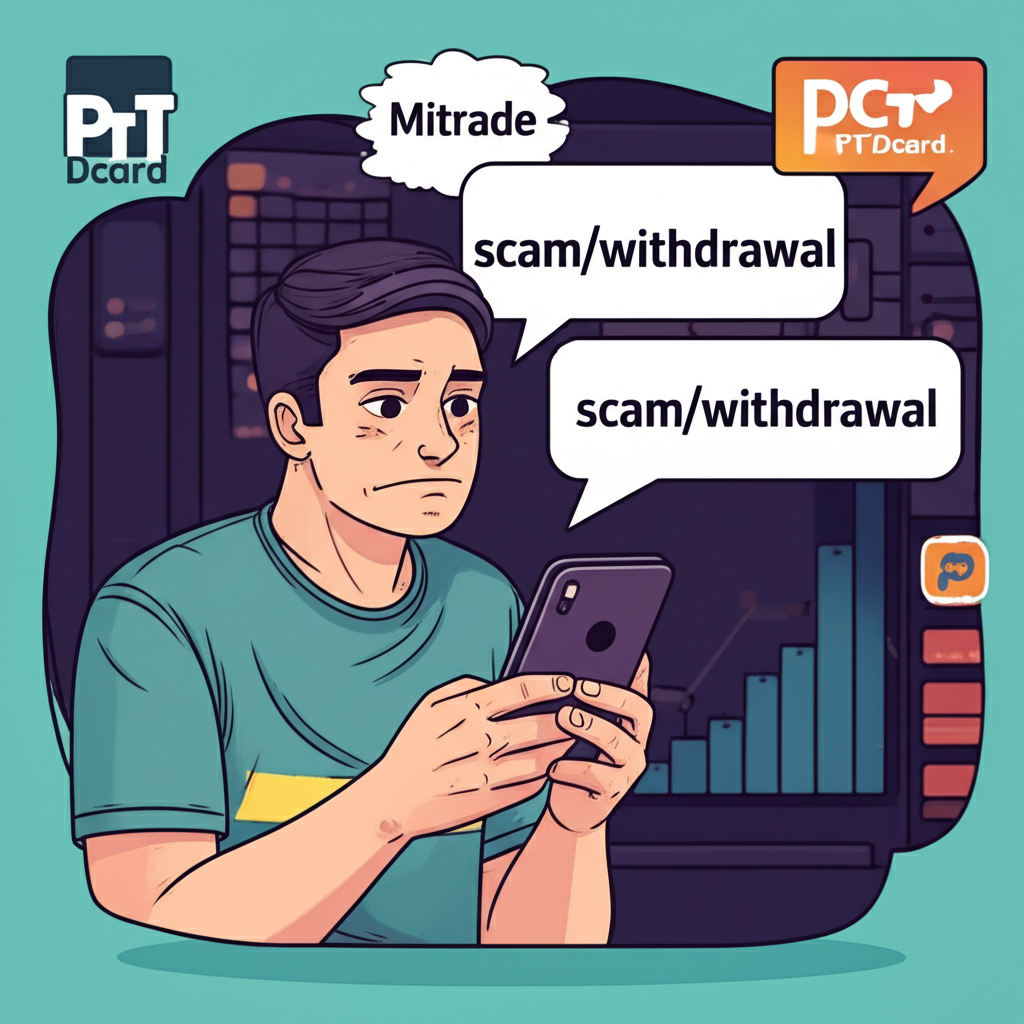 插畫：一名困惑的人拿著智慧型手機，畫面中有Mitrade與詐騙、出金等對話框，周圍環繞PTT與Dcard標誌，背景為金融市場情境