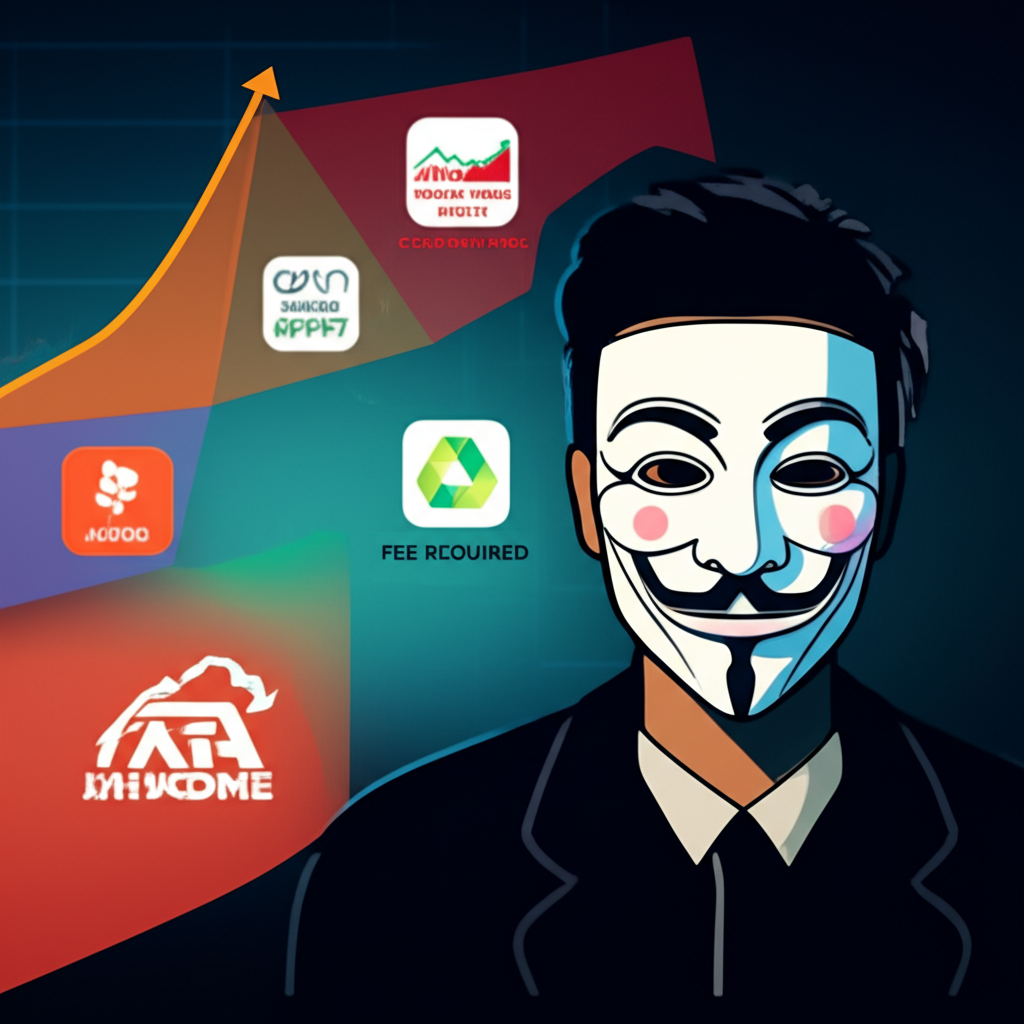 數位交易介面浮現五項警示訊號：誇張的獲利曲線、可疑的App圖示、模糊的公司標誌、要求繳費的彈跳視窗，以及戴面具冒充名人的詐騙者