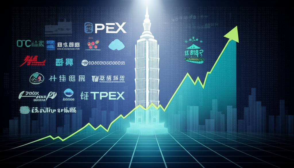 台灣櫃買指數示意圖，展現創新企業蓬勃發展與TPEx建築象徵經濟活力