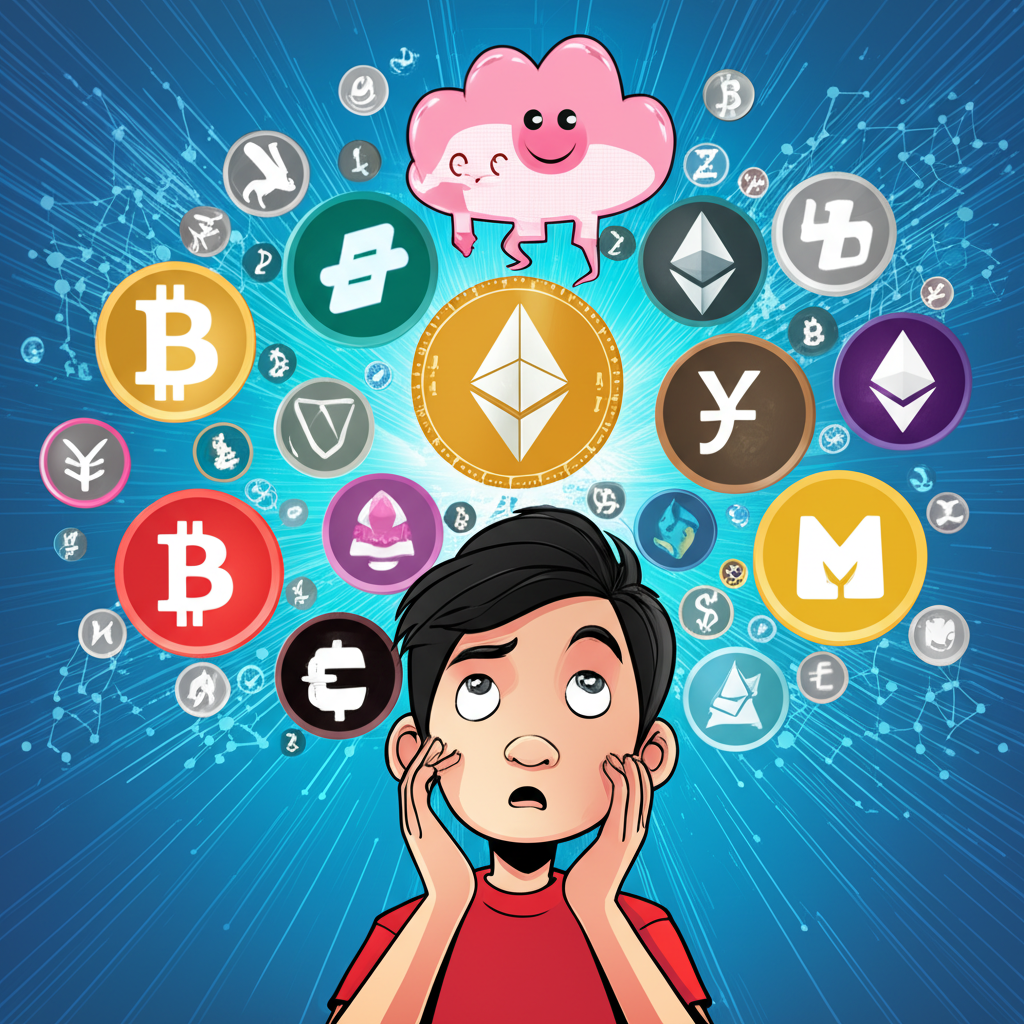 虛擬貨幣生態圖示：比特幣、以太幣、穩定幣與迷因幣環繞初學者，象徵複雜的數位經濟