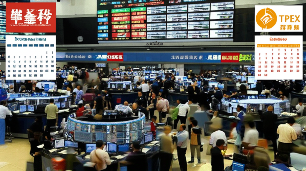 台股交易日盤中交易現場與休市標示示意圖