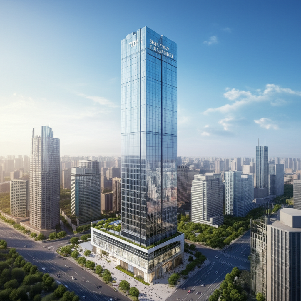 台中TOP 1環球經貿中心現代化摩天大樓外觀插畫，象徵其頂級地位與卓越品質