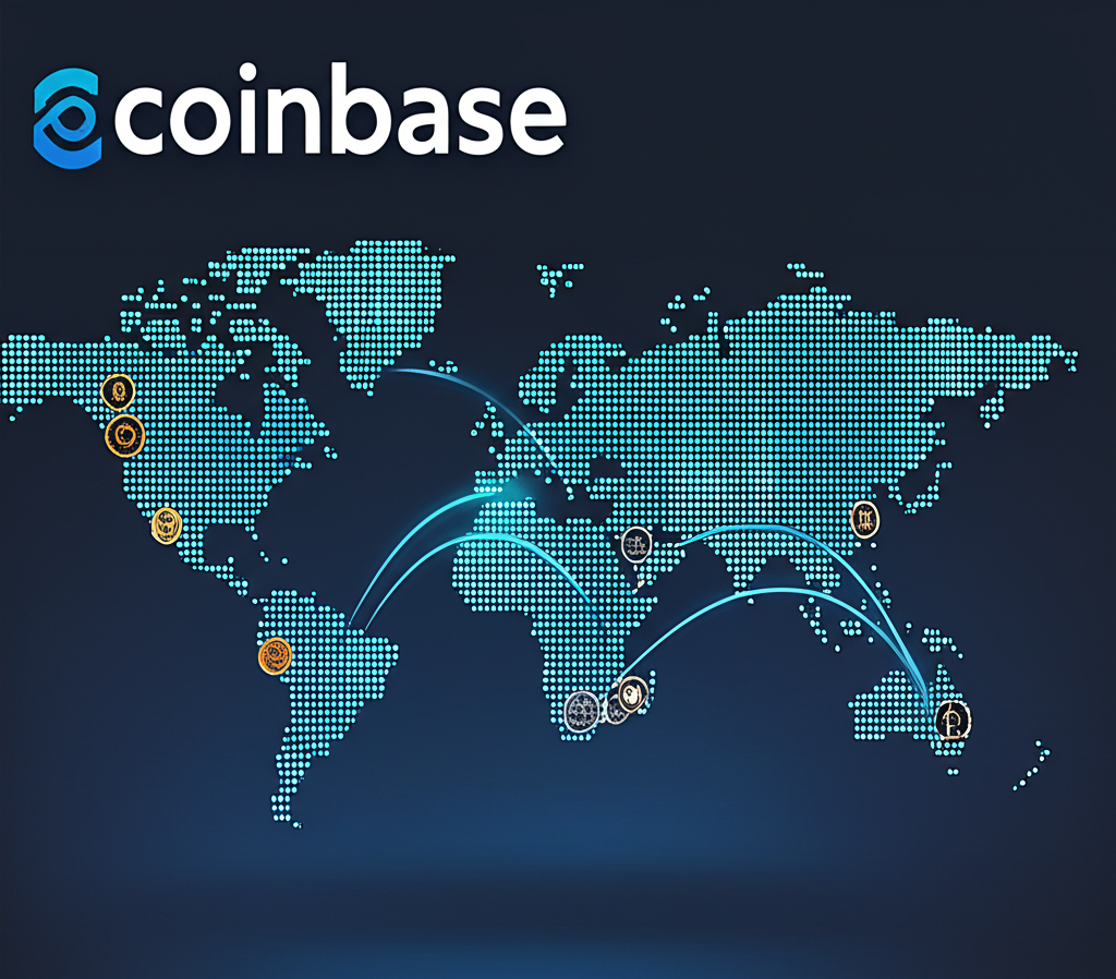 全球加密貨幣交易所 Coinbase 平台示意圖，標誌清晰可見，數位資產流動於世界地圖上，特別標示台灣與香港，展現安全合規且創新的金融系統