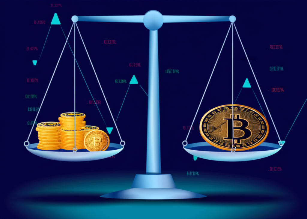 天平一端是BTC保證金，另一端是波動的價格圖表，呈現以加密貨幣計價的盈虧