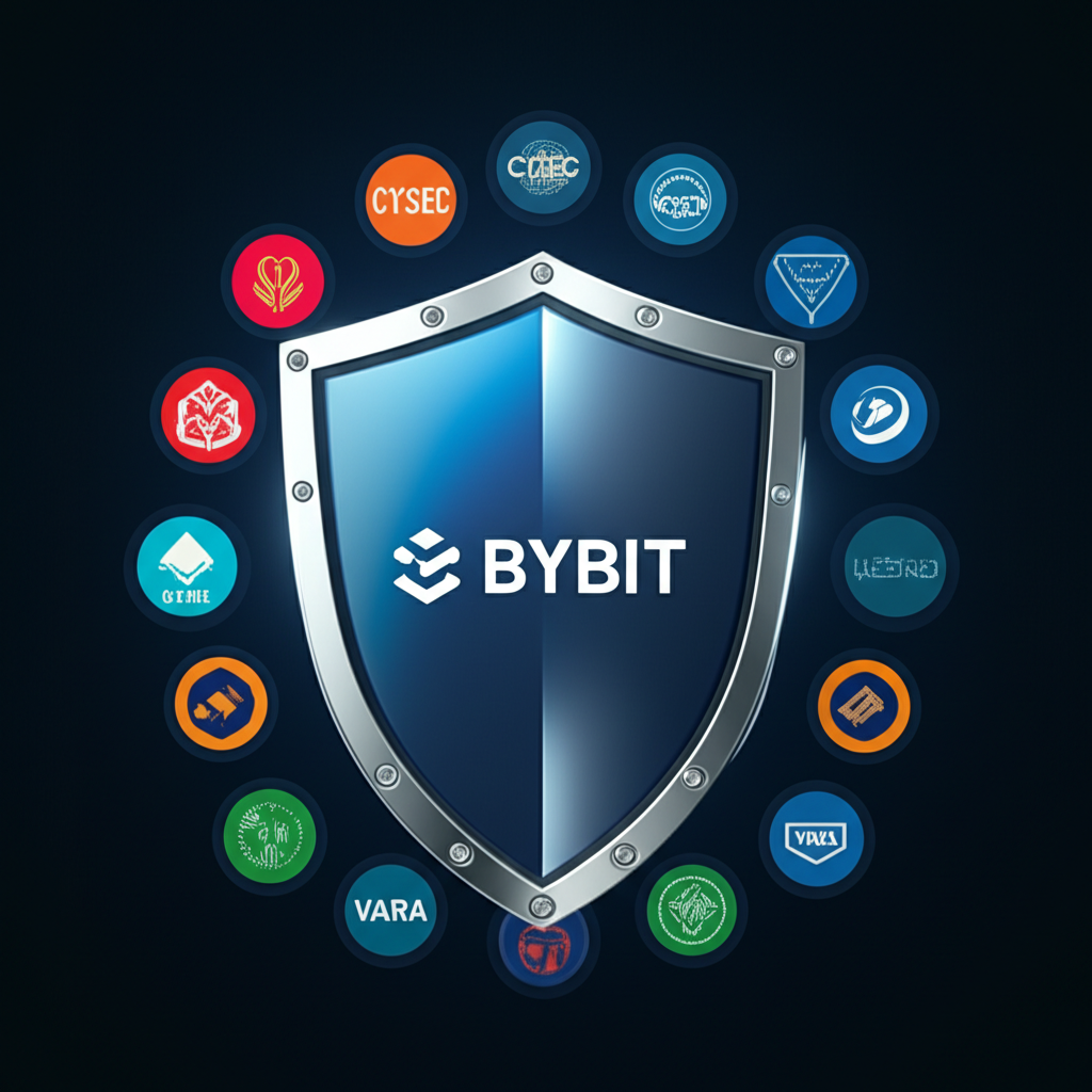 Bybit標誌受盾牌保護，周圍環繞CySEC、VARA等監管機構標誌，象徵合規與合法運作