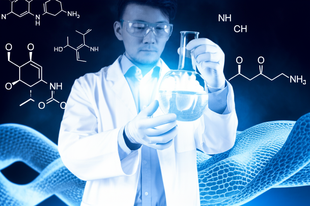 科學家在實驗室中研發CMC，燒杯中發光液體象徵其突破性