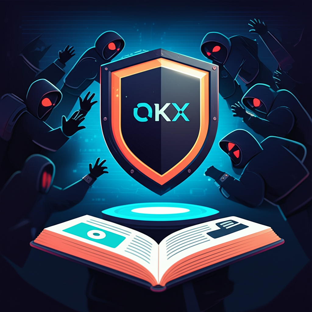 OKX防詐騙示意圖：盾牌保護OKX標誌，抵禦代表詐騙者的陰影人物，前景為安全指南書