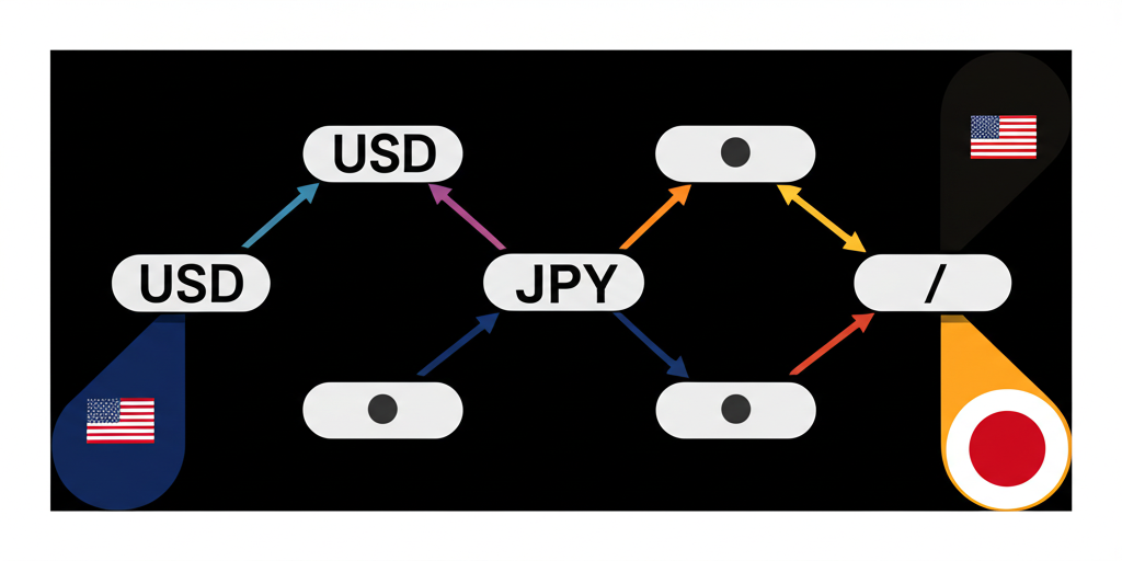 ISO 4217 標準示意圖，展示 USD、JPY 等三字母代碼的組成方式：前兩碼為國家代碼，第三碼為貨幣縮寫，確保全球金融與貿易中的明確識別