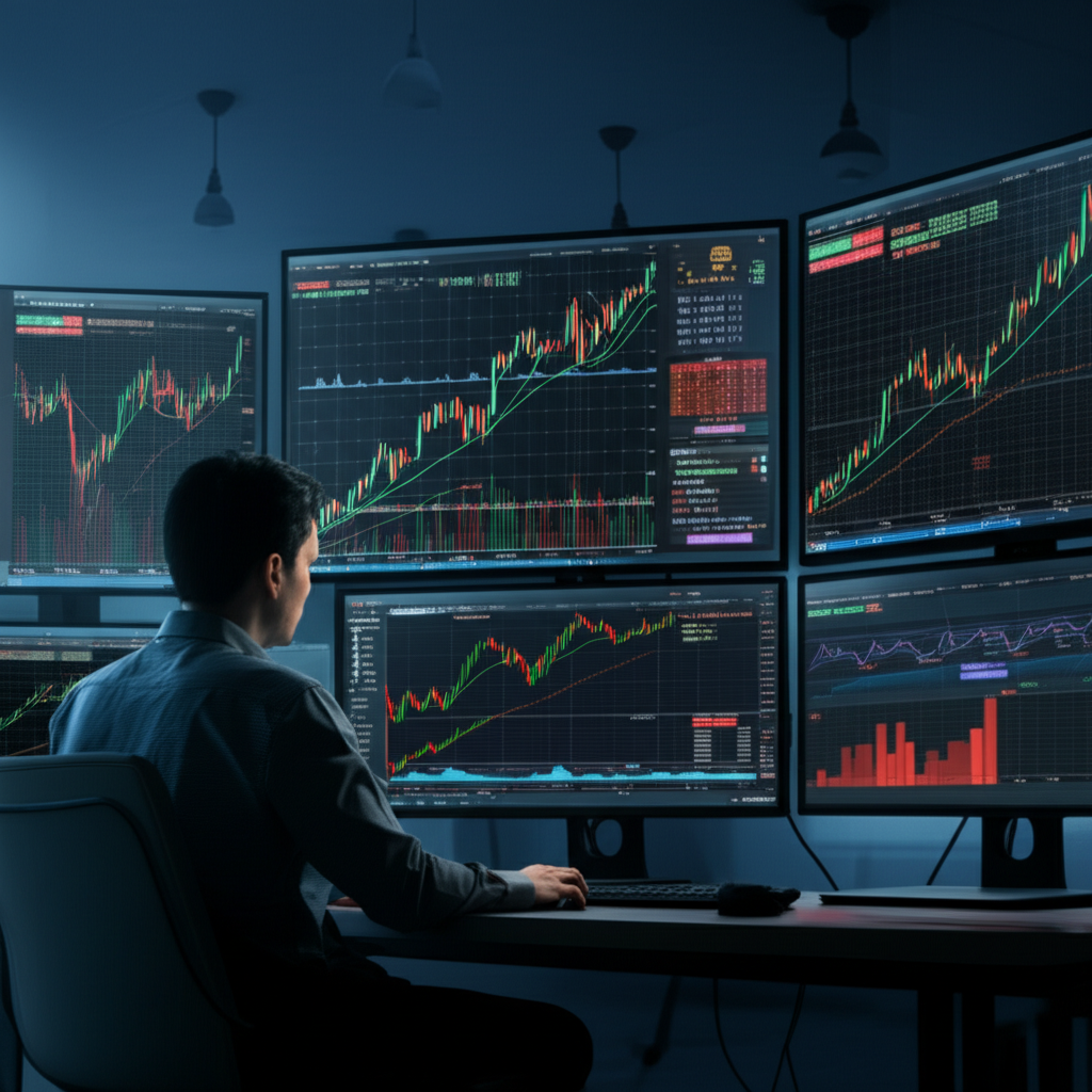 交易者使用 TradingView 分析台指期市場，多螢幕顯示高槓桿、高流動性、雙向交易的期貨走勢圖