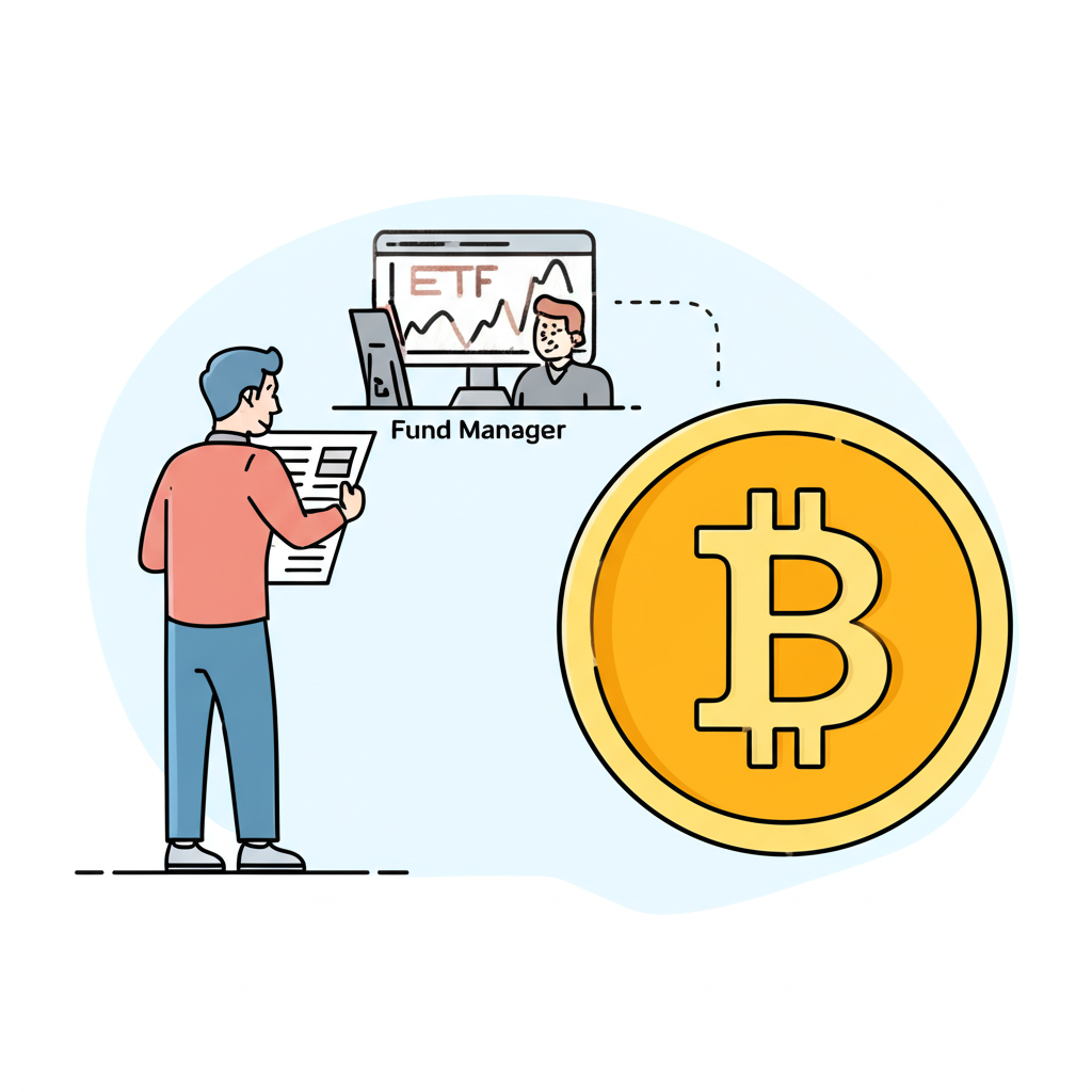 比特幣ETF運作原理示意圖：投資者透過ETF連結比特幣價格
