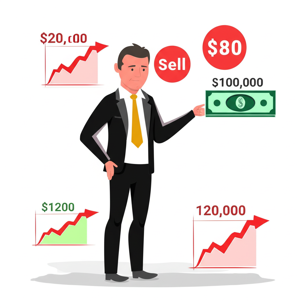 投資人賣出1000股每股100元，若跌至80元可賺2萬，若漲至120元則虧2萬的短空情境圖示