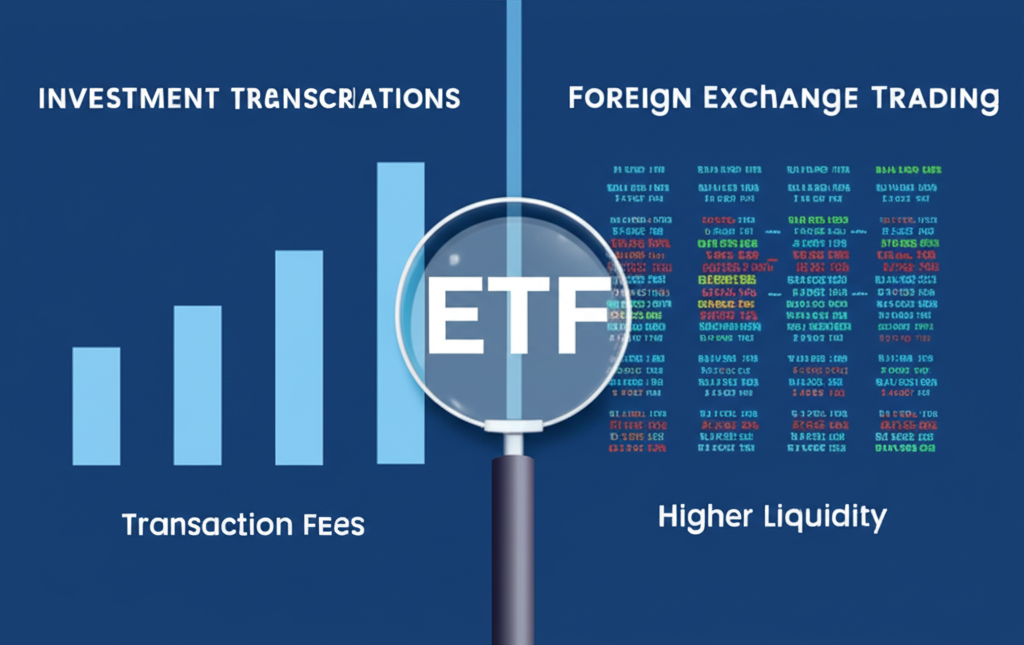 比較不同投資方式的圖示，左側顯示ETF交易手續費較低且流動性高，右側為複雜的外匯交易平台介面，放大鏡顯示ETF的透明持倉結構，突顯ETF在成本、流動性與資訊透明上的優勢