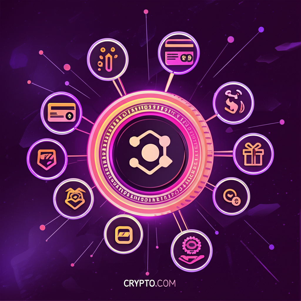 CRO 幣作為 Crypto.com 生態系統核心，串聯質押、支付與專屬福利的動態示意圖