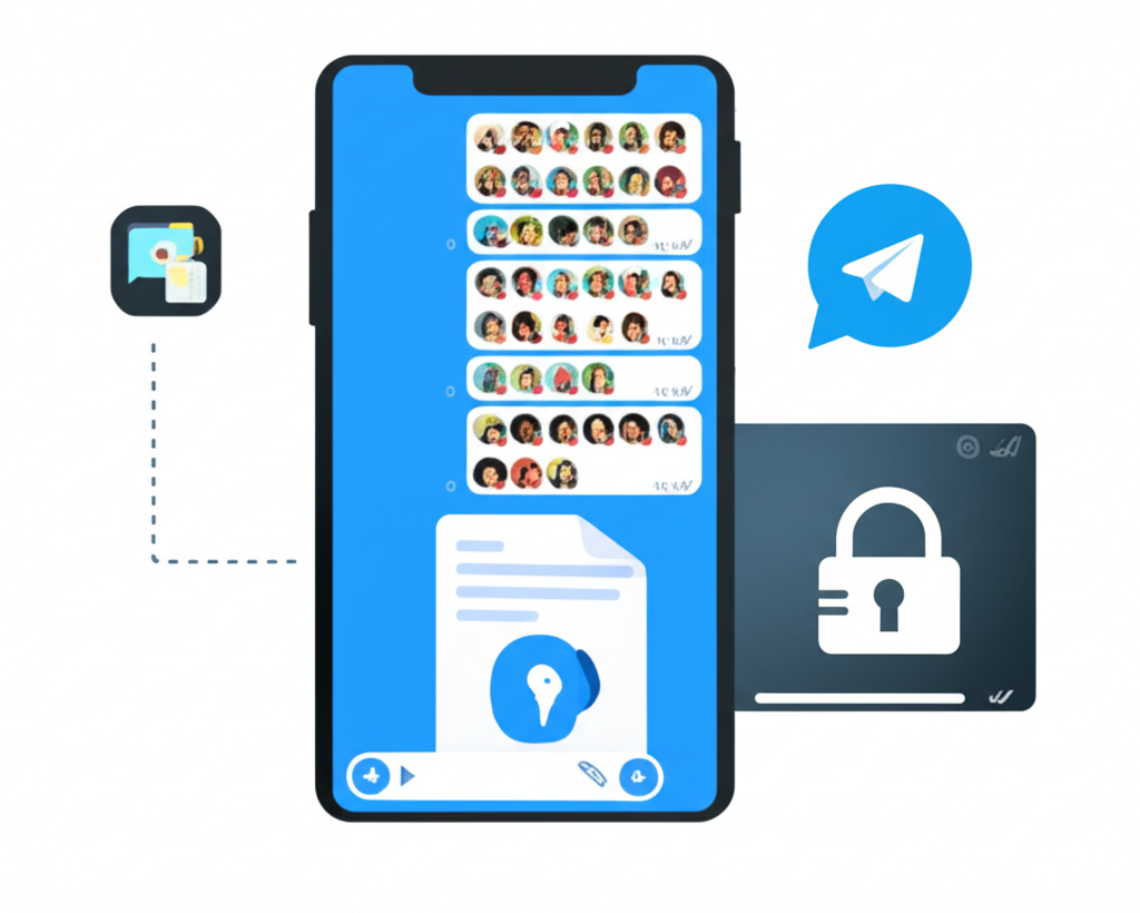 展示 Telegram 多樣功能的插圖，包含大型群組聊天、加密秘密對話與大檔案傳輸