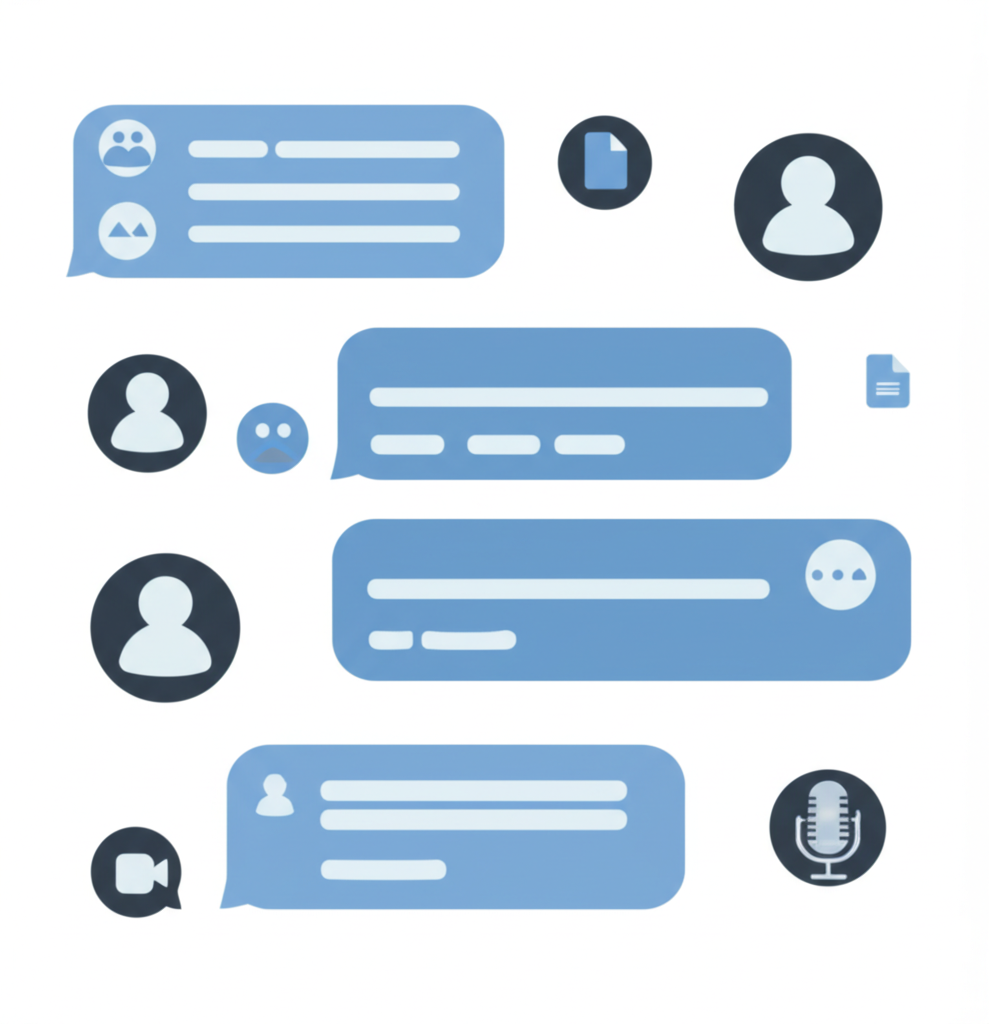展示 Telegram 群組的核心功能,包含多個聊天泡泡、語音訊息圖示、檔案傳輸與視訊通話符號,強調匿名性與多元溝通方式