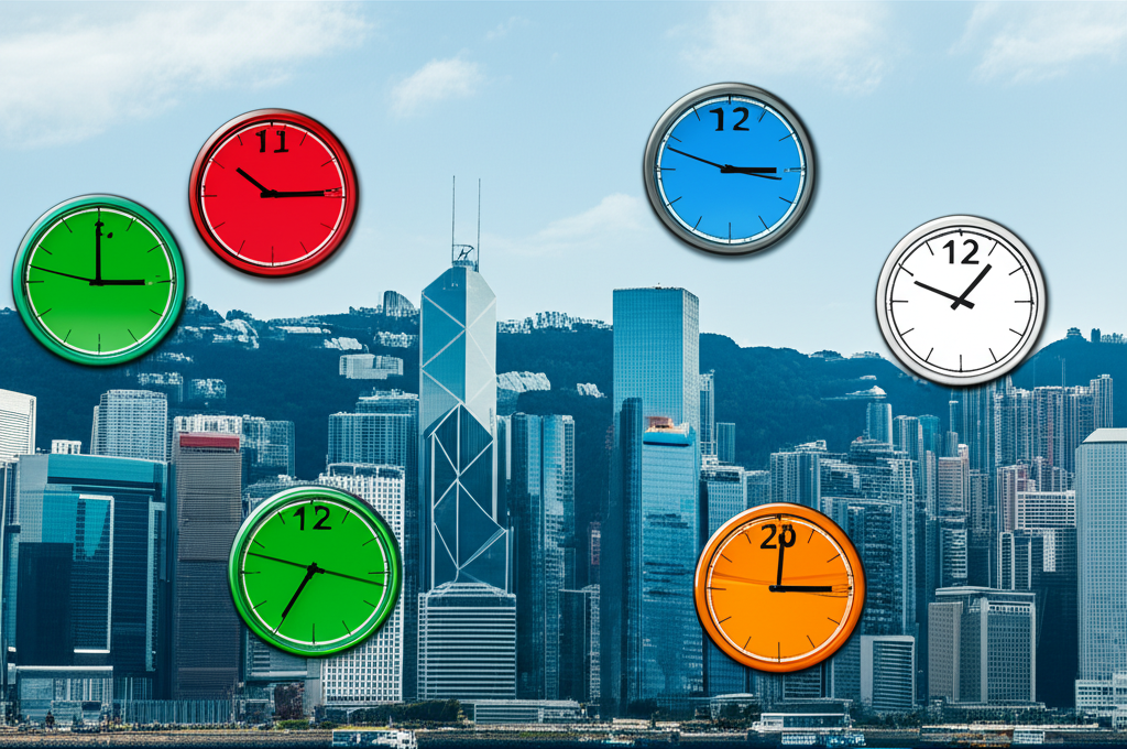 香港金融區天際線插圖，顯示股市開市至收市的各個時段，供投資者參考