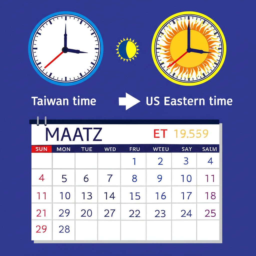 台灣與美國東部時鐘並列，搭配日月圖示與日曆，顯示夏令與冬令時間的年度轉換節點