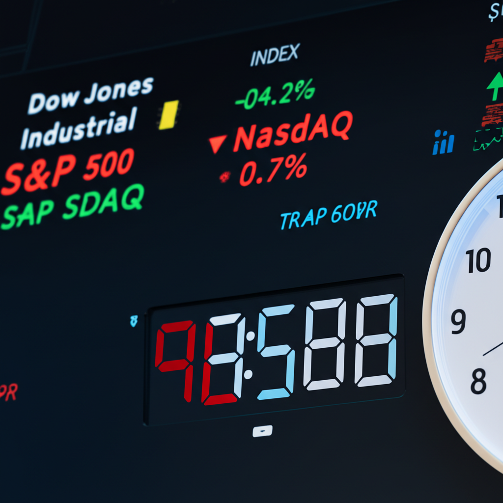 美股三大指數即時盤面示意圖，包含道瓊、S&P 500與那斯達克走勢與交易時段標示