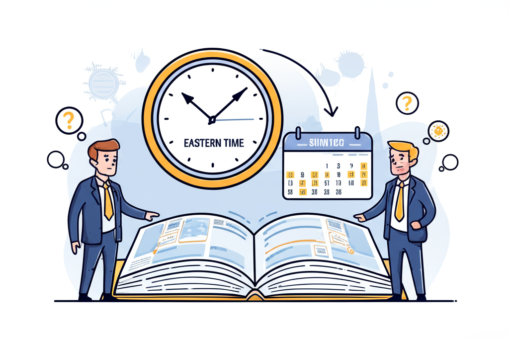 顯示美國東部時間的時鐘與夏令冬令調整日曆，呈現跨時區投資者因時間變化產生困惑的插畫