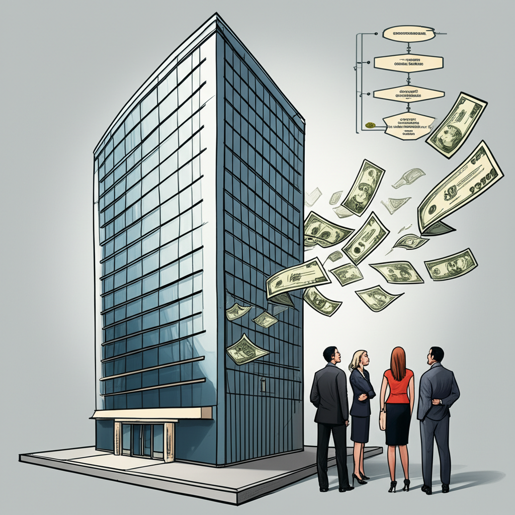 企業從私有轉為公眾公司的IPO過程示意圖，顯示資金流入、投資者參與及複雜的上市流程