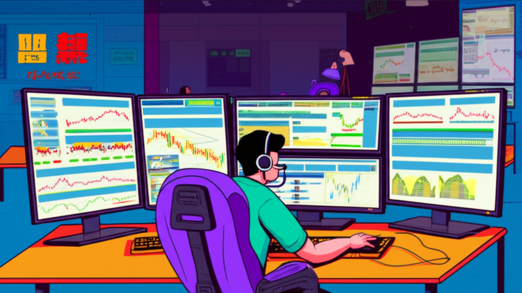 Taiwanese trader, multiple screens, illustration