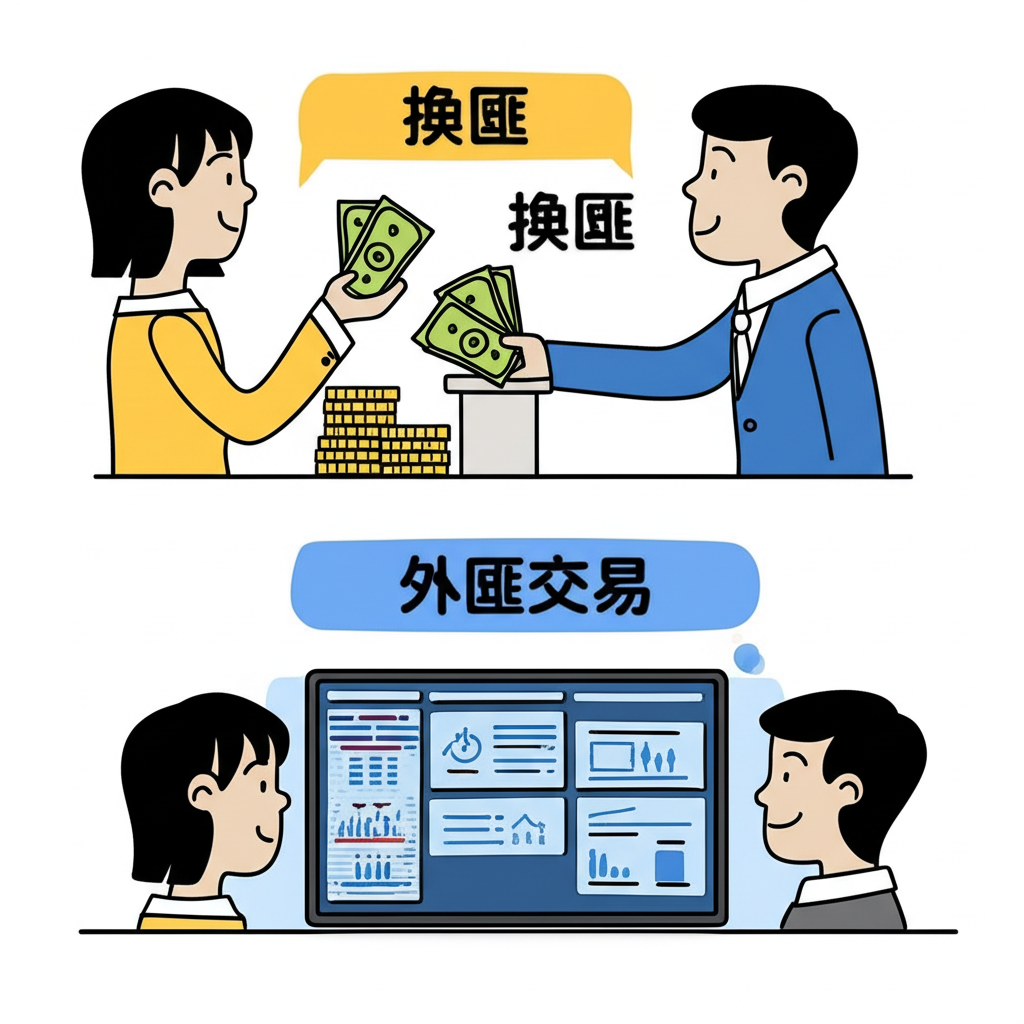 區分換匯與外匯交易的插圖，左側為旅遊換錢，右側為分析圖表投資