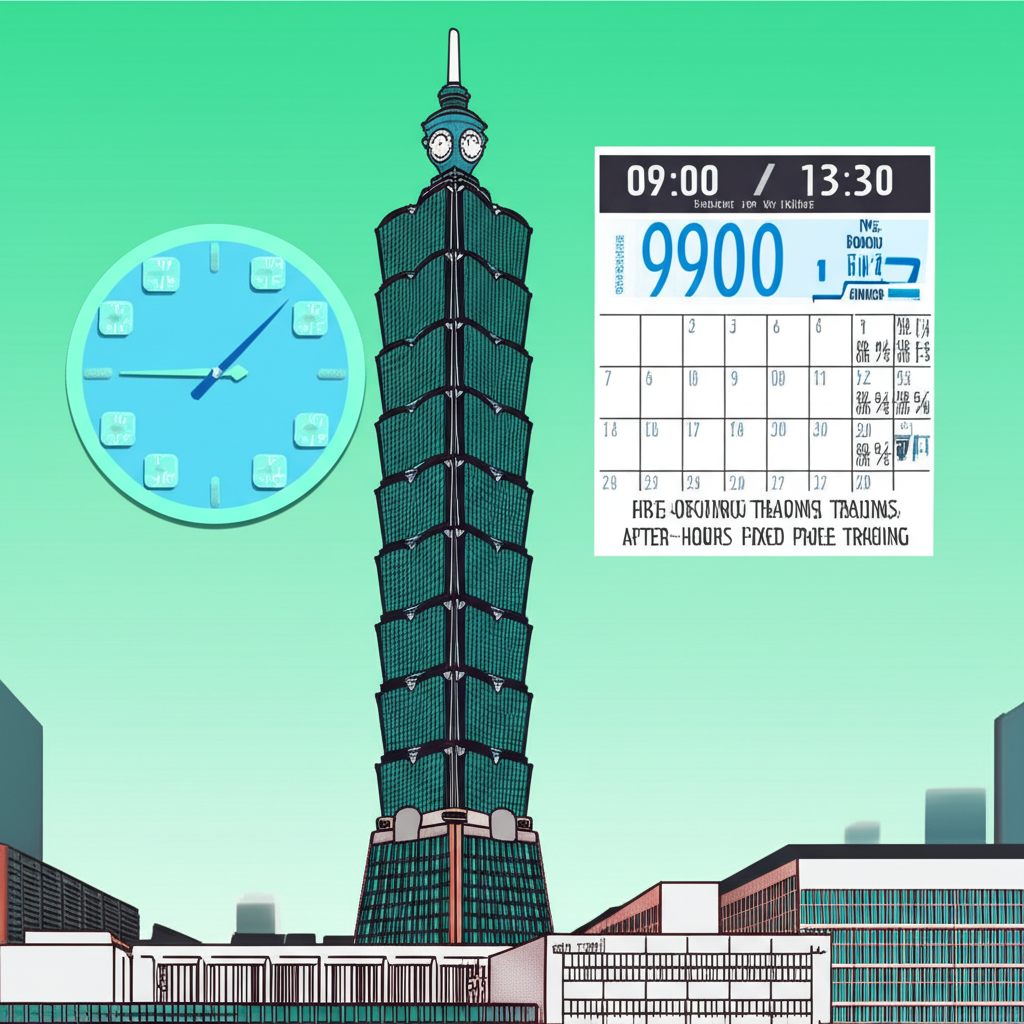 台灣證券交易所大樓與交易時鐘，標示09:00至13:30的盤中交易時間，並標註盤前競價、連續交易與盤後定價等階段