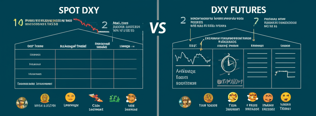 現貨DXY與期貨DXY的對比示意圖，展示交易方式、槓桿、保證金、現金結算及市場預期的差異