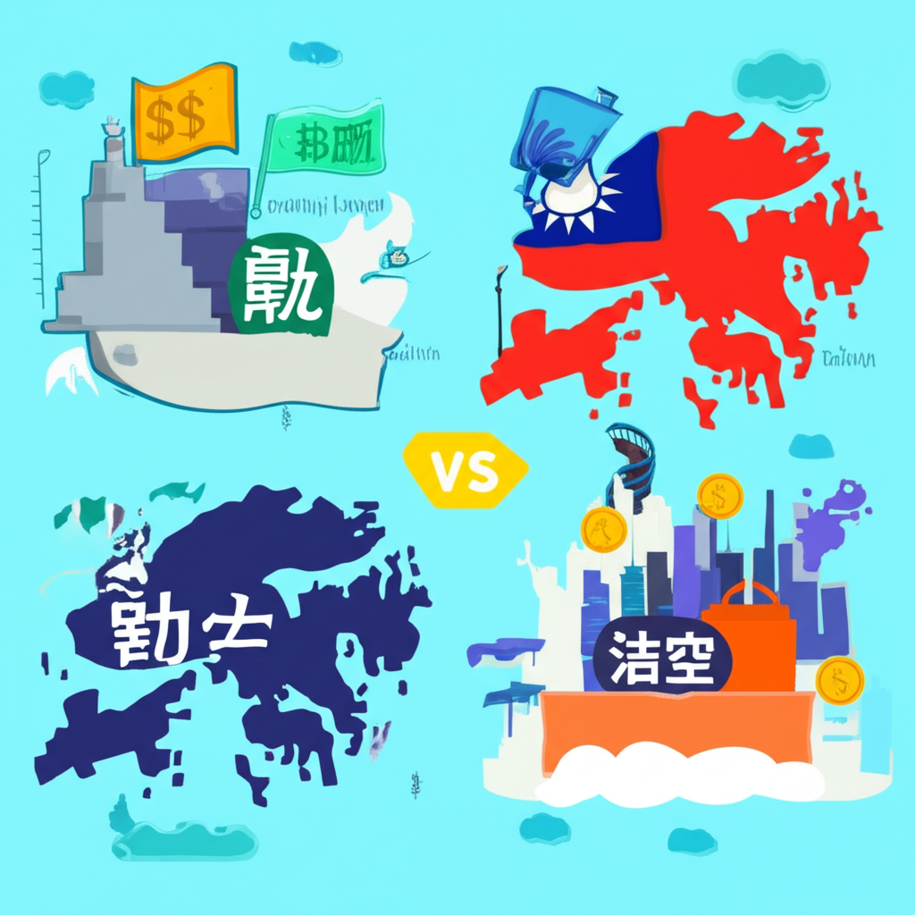 台灣融券與香港沽空制度比較圖示，呈現兩地金融市場特色與法規差異，地圖風格插畫