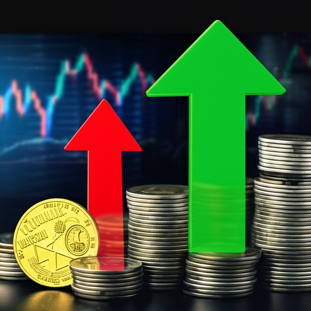 插畫：一枚小硬幣代表初始保證金，逐漸擴大成一疊高聳的硬幣，箭頭顯示在虛擬金融市場背景下，收益與虧損都被放大