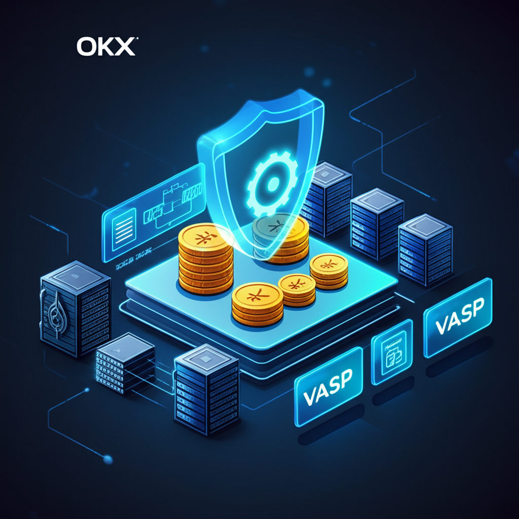 OKX安全數據中心示意圖，展示冷錢包金庫、合規文件與覆蓋用戶資金的透明防護罩