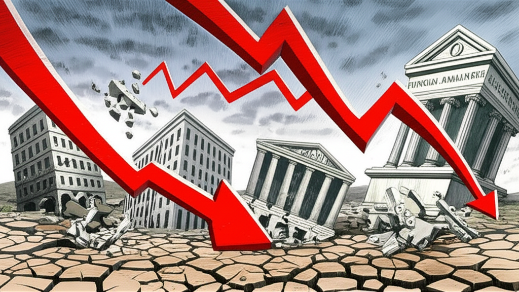 金融市場混亂場景插畫，顯示資產價格暴跌、金融機構崩潰與信用市場枯竭