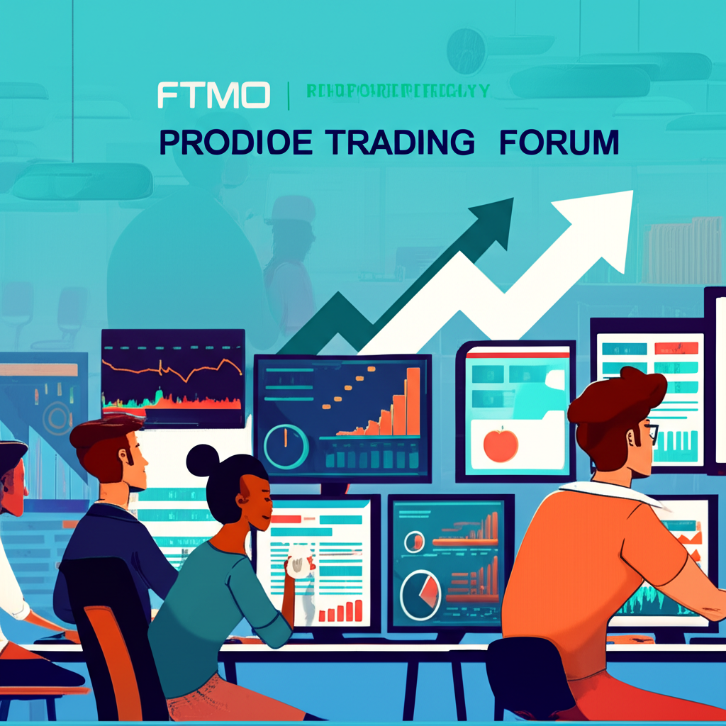 FTMO 資金自營商辦公室場景，多位交易員專注於多螢幕交易，背景為金融圖表與成長箭頭