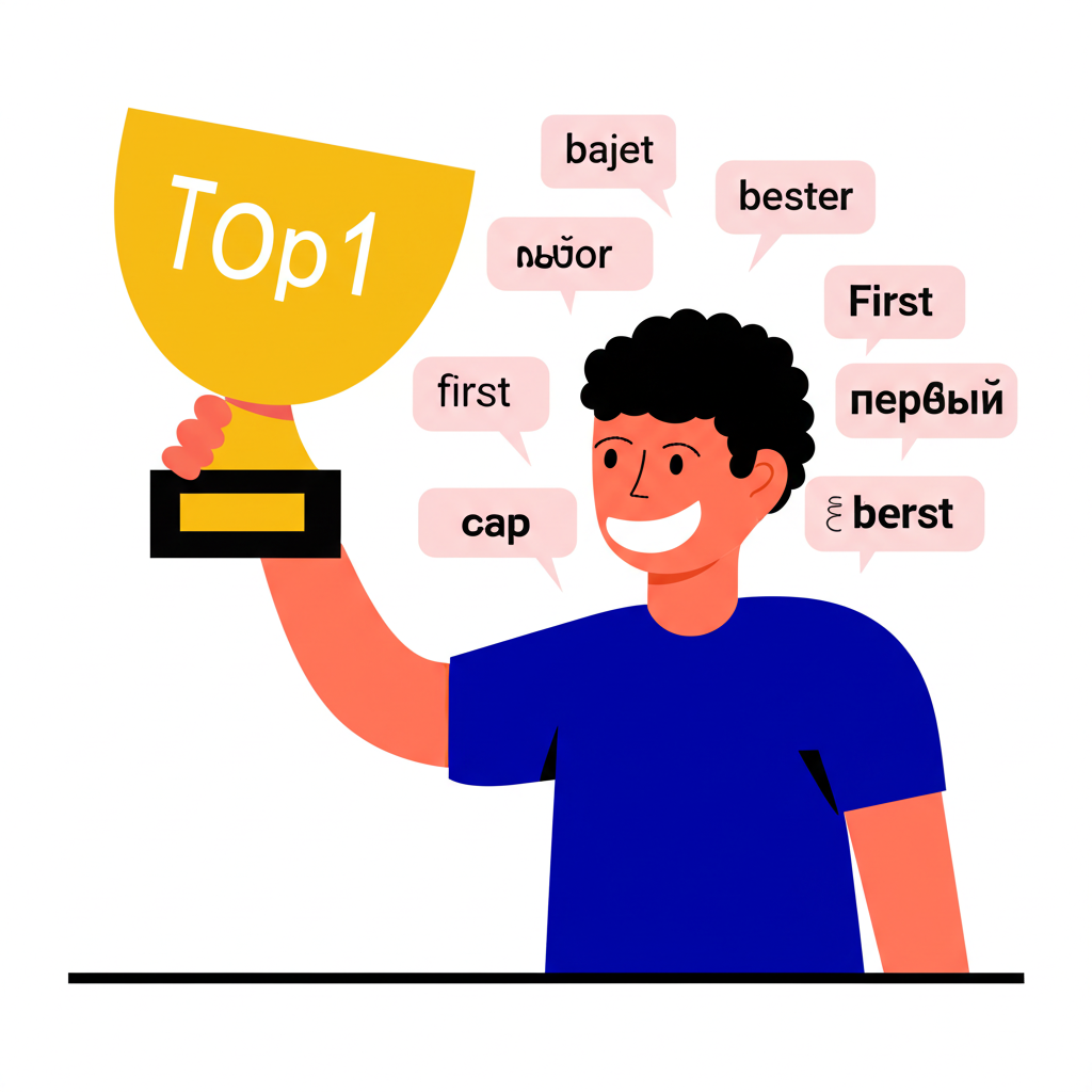 手持Top1獎盃的人,周圍氣泡顯示各國語言的『最佳』與『第一』,象徵最高成就的普遍認同
