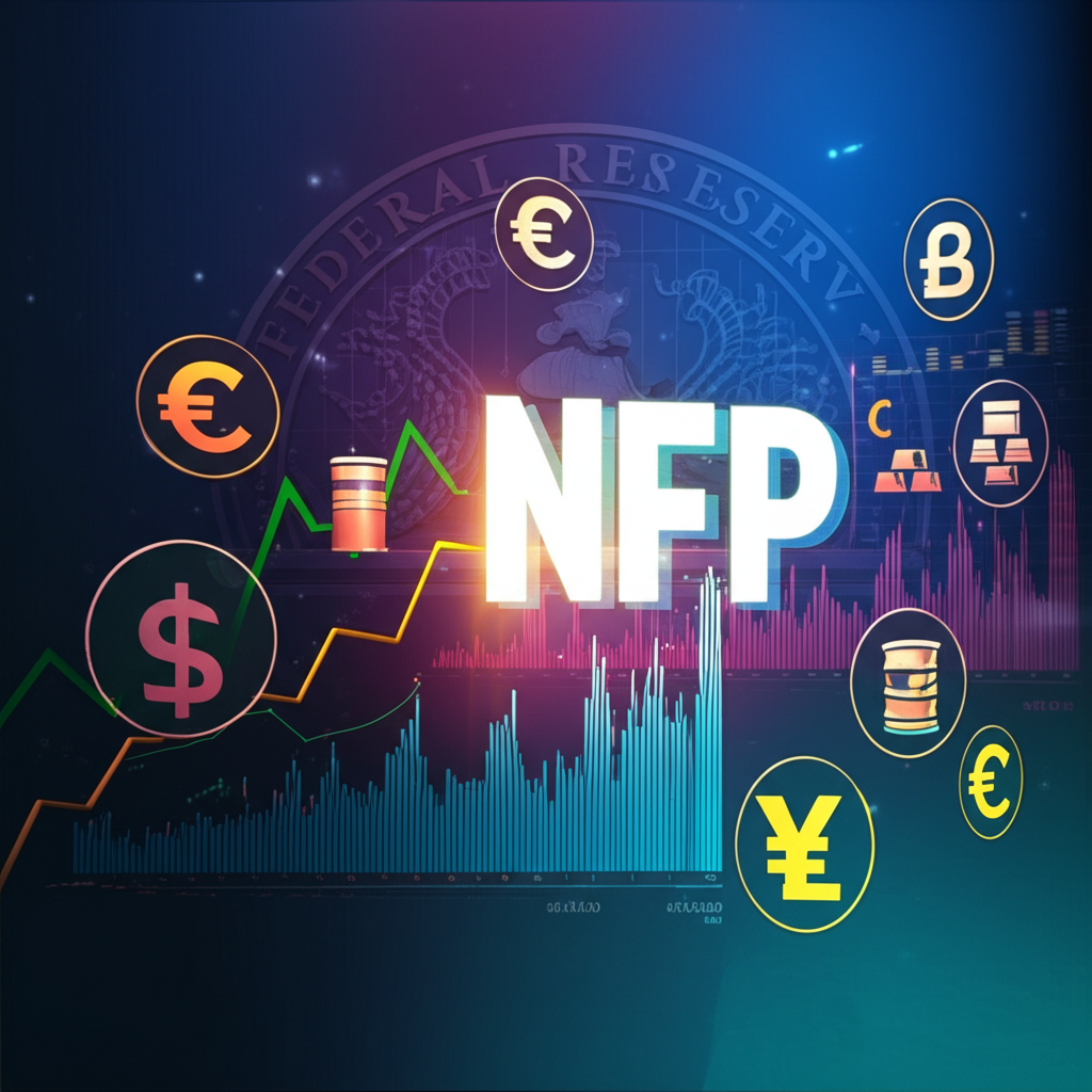 金融市場儀表板插圖，顯示非農就業數據發布時全球資產波動情況