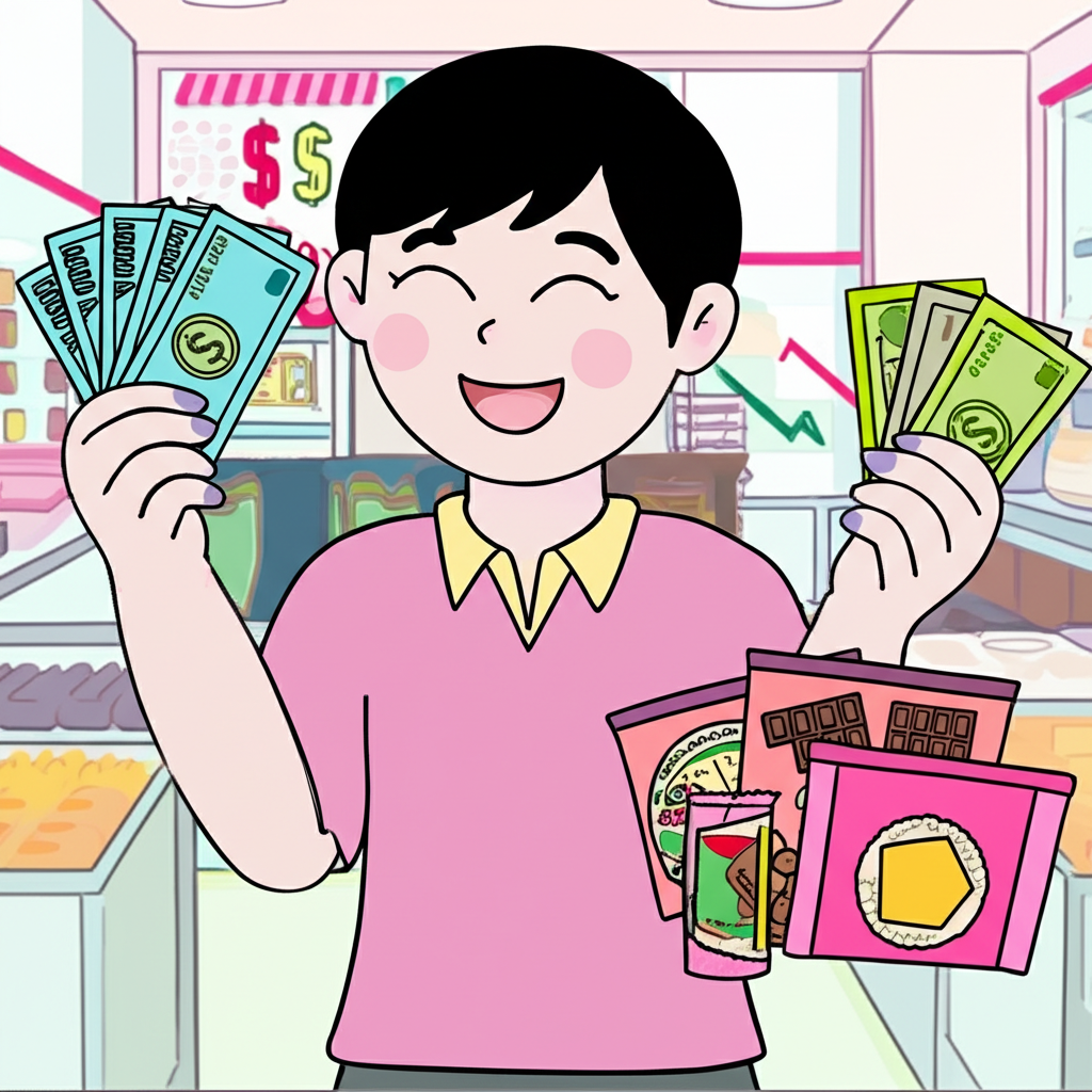 台幣升值情境插圖：台灣消費者以較少新台幣購買更多外國商品，展現匯率走強帶來的購買力提升