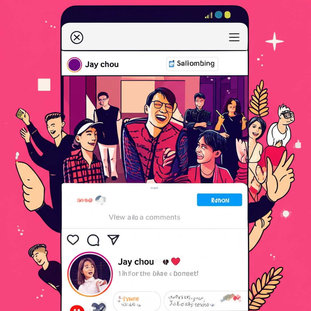 亞洲與台灣明星如K-Pop成員與周杰倫在IG界面上與粉絲互動的插畫