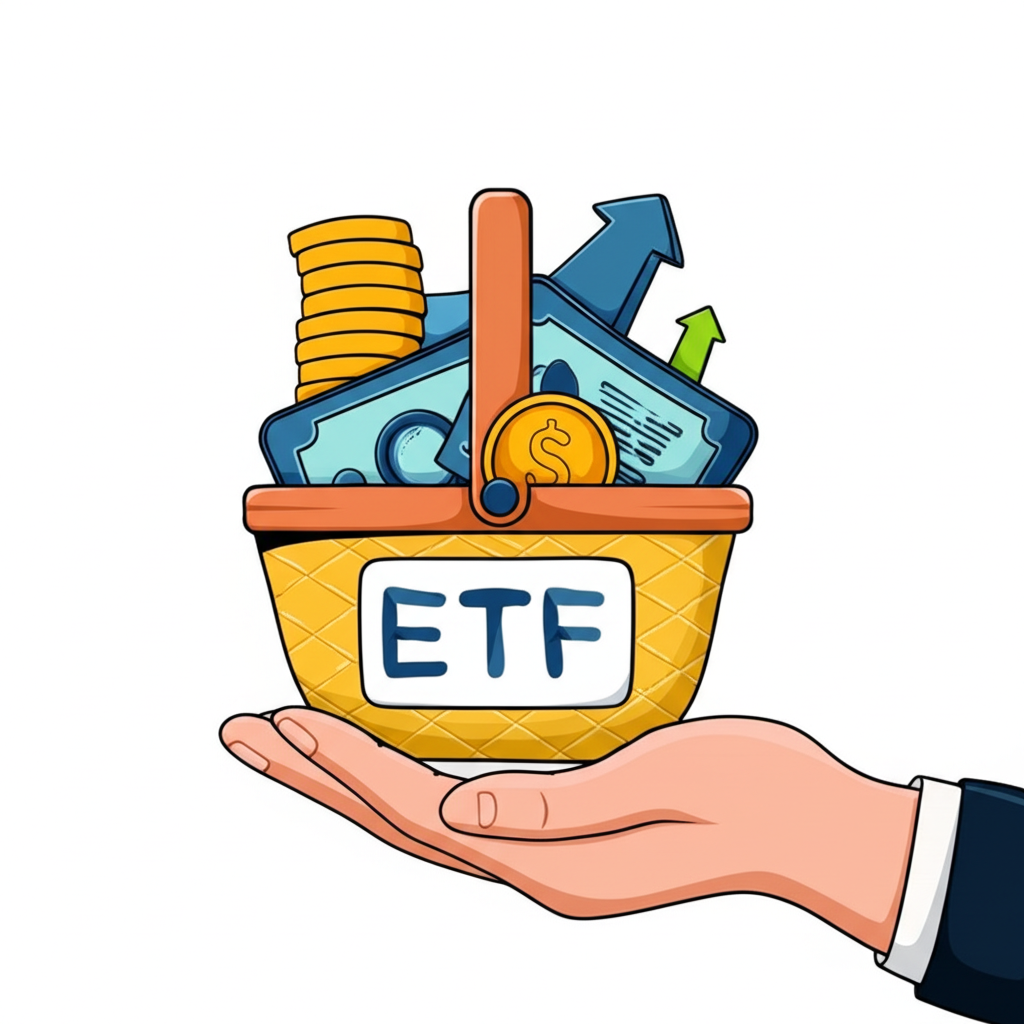 手持標示ETF的籃子，內含多支微型股票，代表多元投資與穩定報酬，適合初學者與風險規避型投資者
