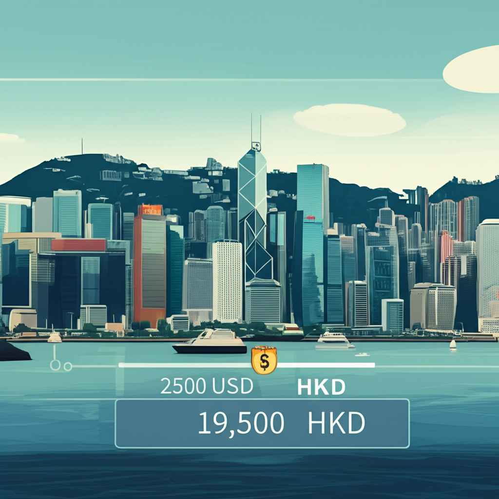 2500美元轉為19500港幣，背景為香港金融區天際線象徵聯繫匯率制度