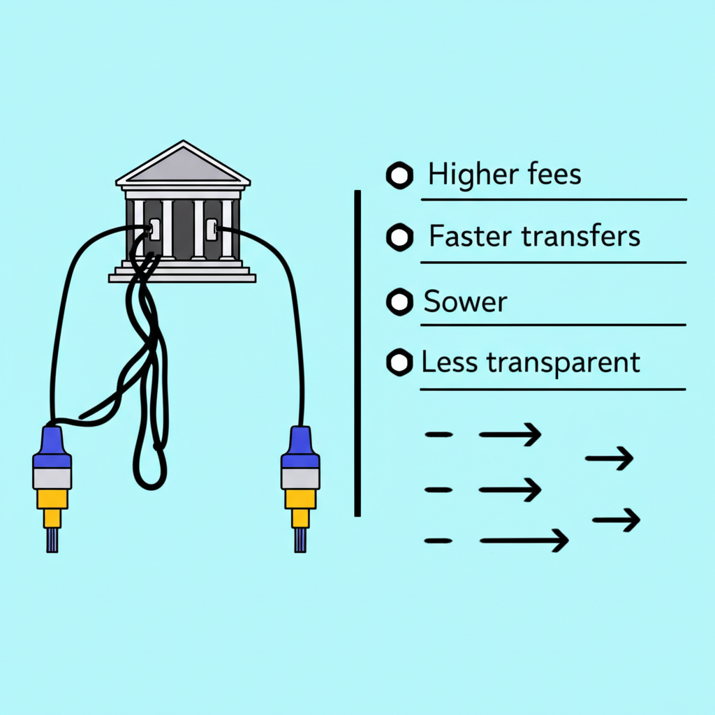 傳統電匯與Wise轉帳方式比較插畫，顯示銀行建築與複雜線路對比數位介面與快速箭頭