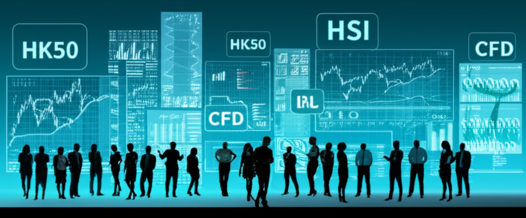 一群多元背景的投資者圍繞金融圖表與螢幕，周圍浮現 HSI 與 HK50 CFD 符號的插畫