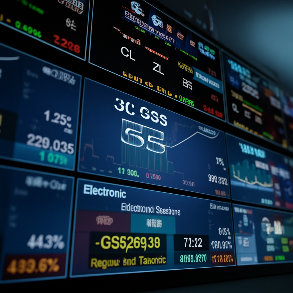 多個期貨商品如ES、CL、GC、ZS與6E的交易介面，標示台灣時間的電子盤與一般盤交易時段