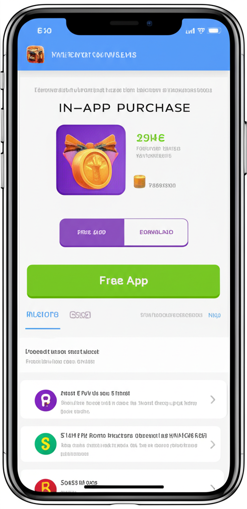 插畫顯示智慧型手機螢幕上一個免費App，畫面中明顯標示App內購買項目，如遊戲金幣包或進階功能按鈕，清楚區分免費下載與可選的內部消費