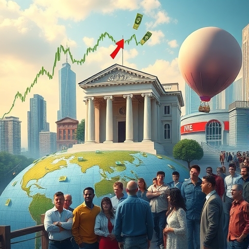 動態的全球金融地景,中央象徵中央銀行政策對全球市場的深遠影響