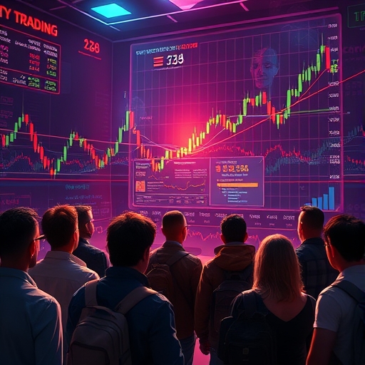 數位藝術描繪快速變動的加密市場與跟單交易風險警示